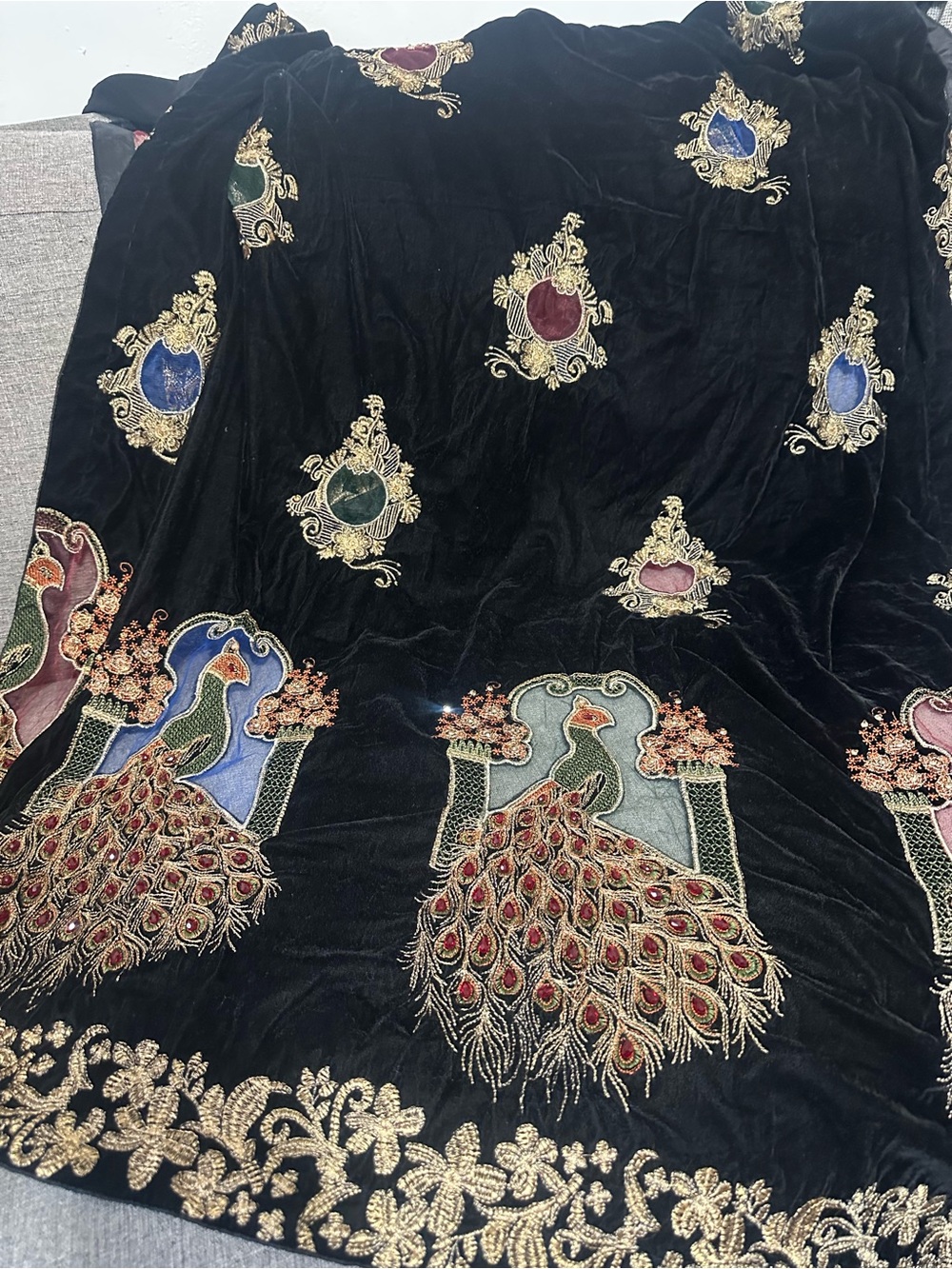 Black Velvet Embroidered Peacock hand embellished shawl